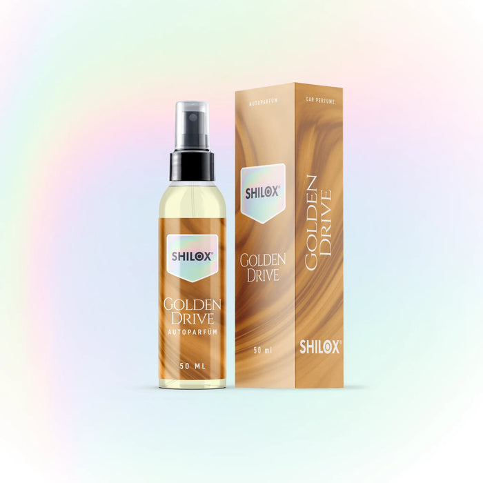 Autoparfüm Golden Drive 50 ml, inspiriert von Millionare, vor farbigem Hintergrund