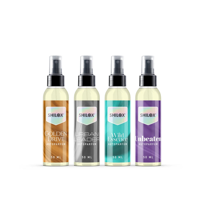 Autoparfüm-Kollektion 4 x 50 ml mit Golden Drive, Urban Leader, Wild Essence und Unbeaten auf weißem Hintergrun
