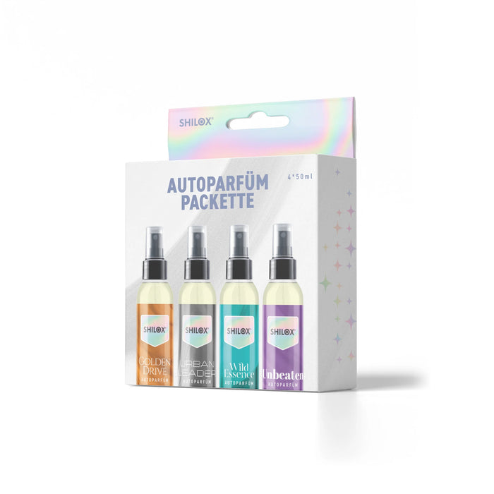 Autoparfüm-Kollektion mit 4 x 50 ml Duftflakons auf weißem Hintergrund