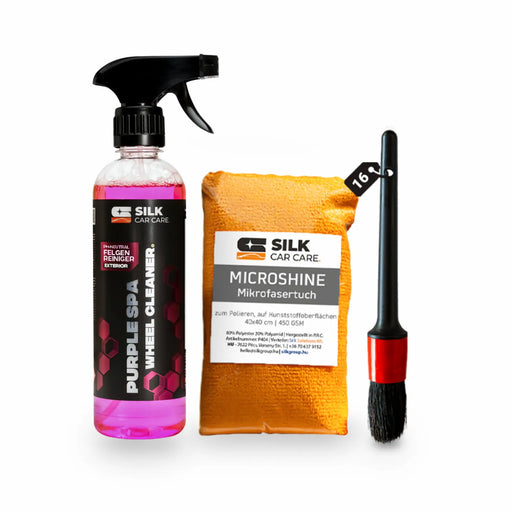 Felgenreinigungspaket mit pH-neutralem Felgenreiniger, Felgenbürste und Mikrofasertuch