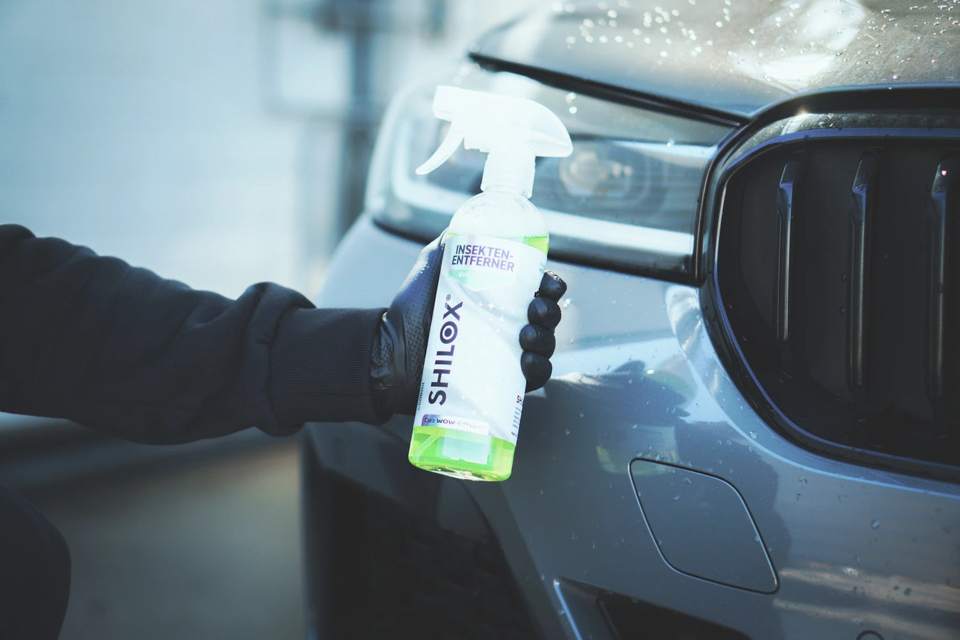 Hand mit Insektenentferner-Spray reinigt die Fahrzeugfront und entfernt Insektenreste vom Auto