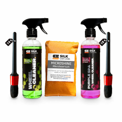 PRO Felgenreinigungspaket mit Felgenreiniger, Mikrofasertuch und Felgenbürsten