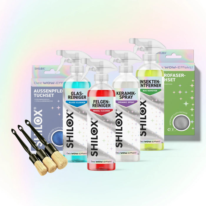 SHILOX Außenpflege-Komplettset mit Glasreiniger, Felgenreiniger, Keramikspray, Insektenentferner, Tuchsets und Detailing-Pinseln