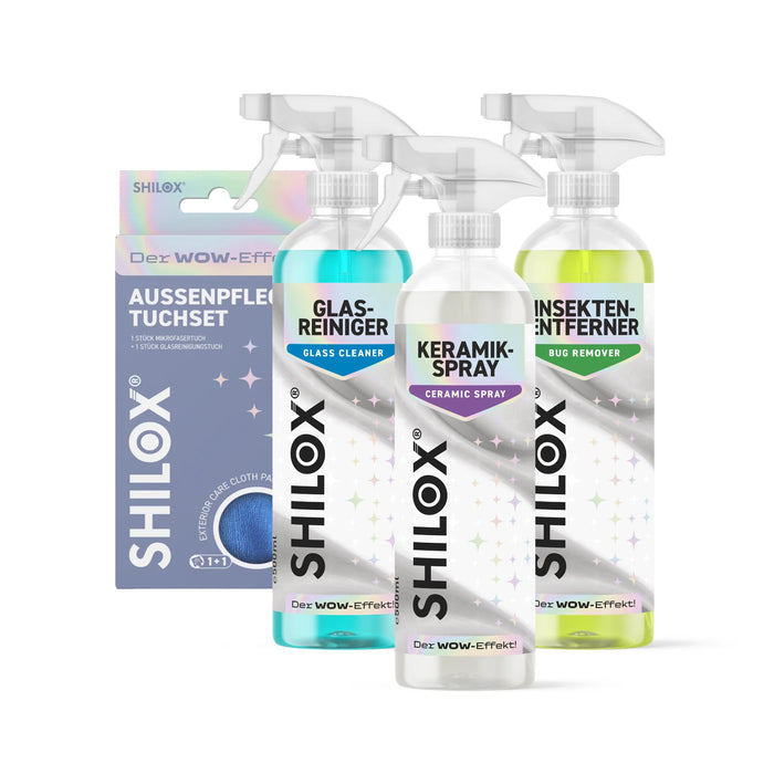 SHILOX Außenpflege-Set mit Glasreiniger, Keramikspray, Insektenentferner und Außenpflege-Tuchset auf weißem Hintergrund
