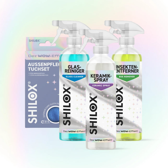 SHILOX Außenpflege-Set mit Glasreiniger, Keramikspray, Insektenentferner und Außenpflege-Tuchset