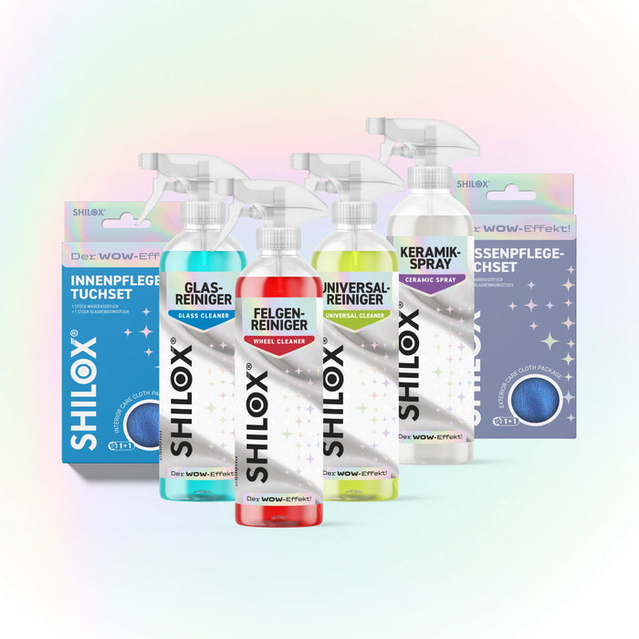 SHILOX Autopflege-Komplettset mit Glasreiniger, Universalreiniger, Felgenreiniger, Keramikspray und zwei Tuchsets