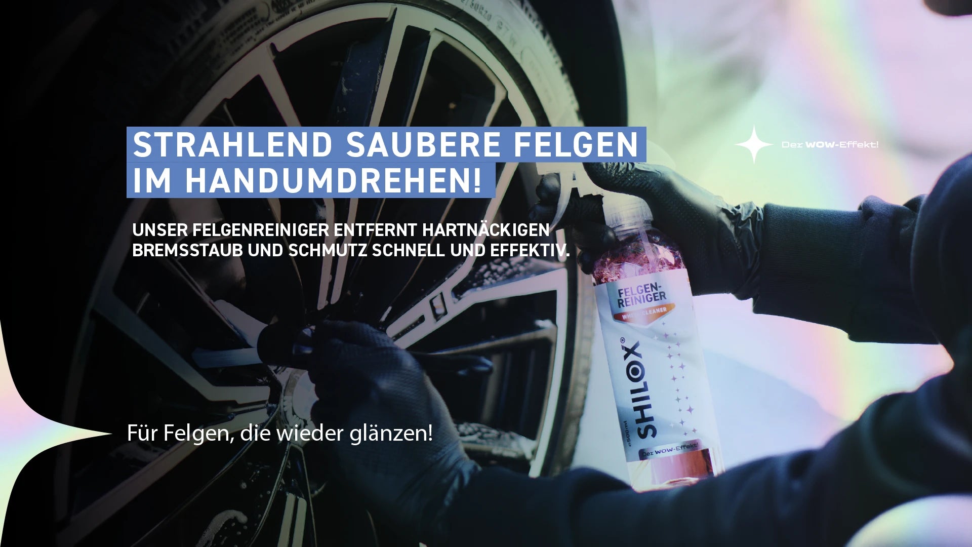 SHILOX Felgenreiniger bei der Reinigung einer Autofelge – entfernt Bremsstaub und hartnäckigen Schmutz