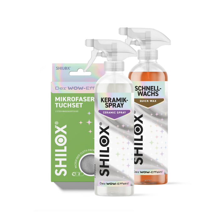 SHILOX Glanz- & Schutz-Set mit Keramikspray, Schnellwachs und Mikrofaser-Tuchset auf weißem Hintergrund