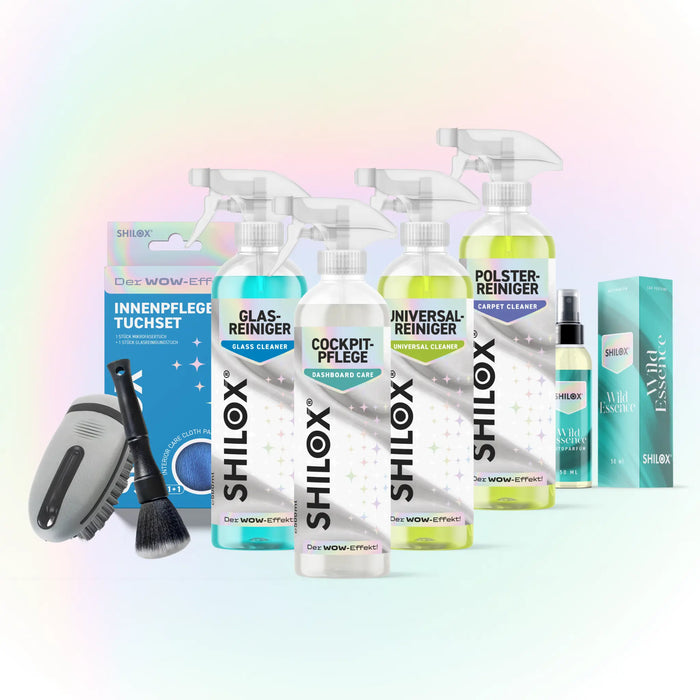 SHILOX Innenraum Komplett Set mit Reinigungsprodukten, Pflegezubehör und Wild Essence Autoparfüm