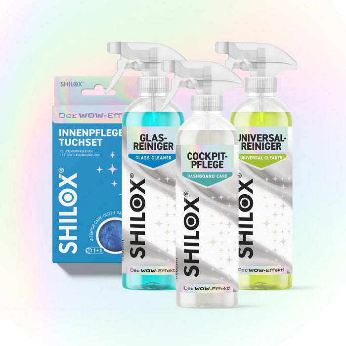 SHILOX Innenraum-Pflege Set mit Glasreiniger, Cockpitpflege, Universalreiniger und Innenpflege-Tuchset